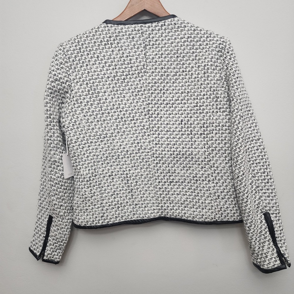 Ecru Tweed‎ Zip Front Jacket Black Cream Faux Leather Trim Size L Professional - Picture 3 of 9